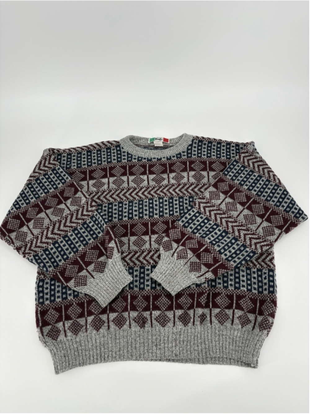 Men's Vintage Knit Jacquard Sweater Crewneck Made In Italy Retro Wool Size Large